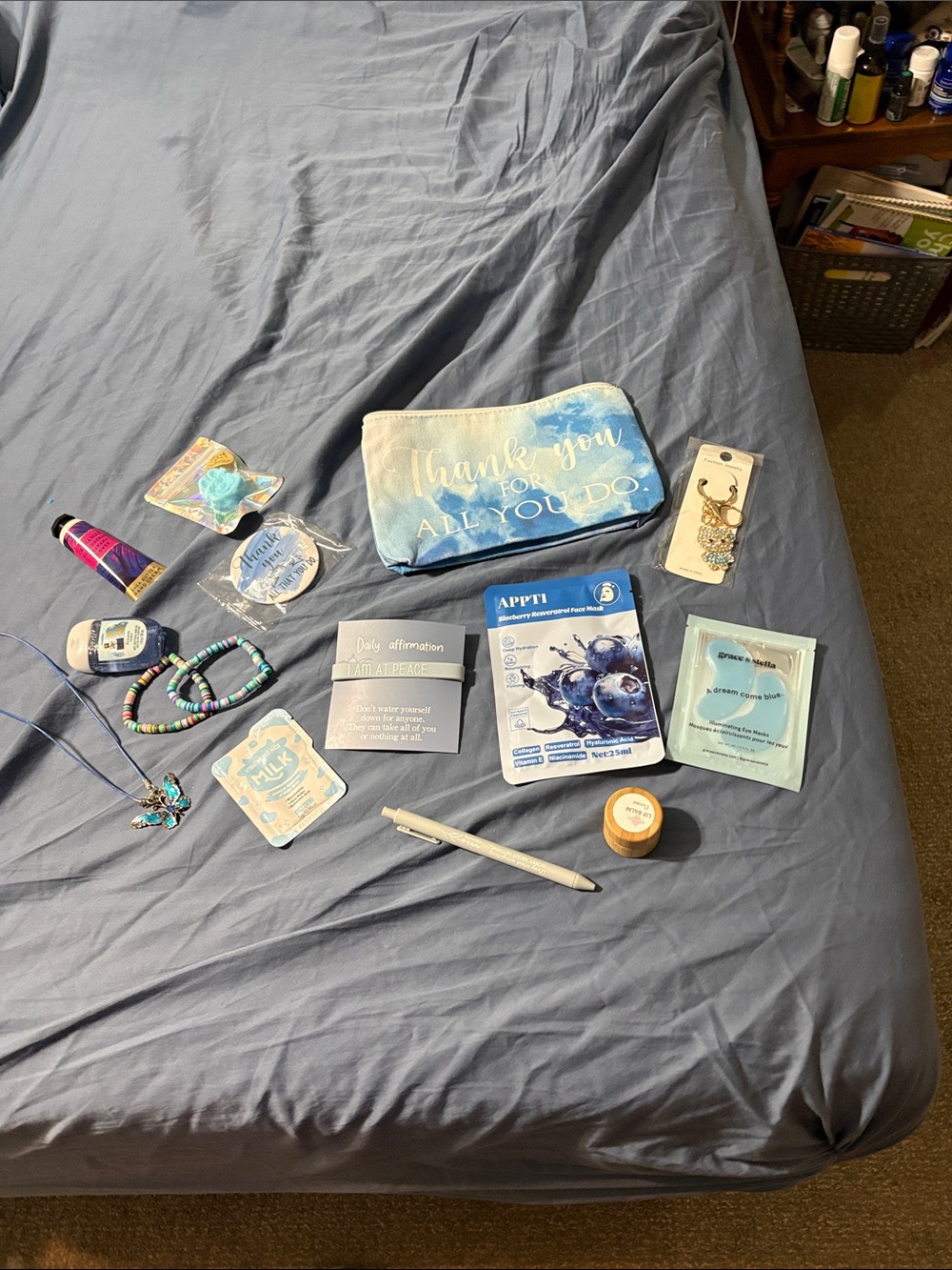 Blue Thank You gift Pouch/jewelry, soap, purse charm, pen, lip balm, hand cream
